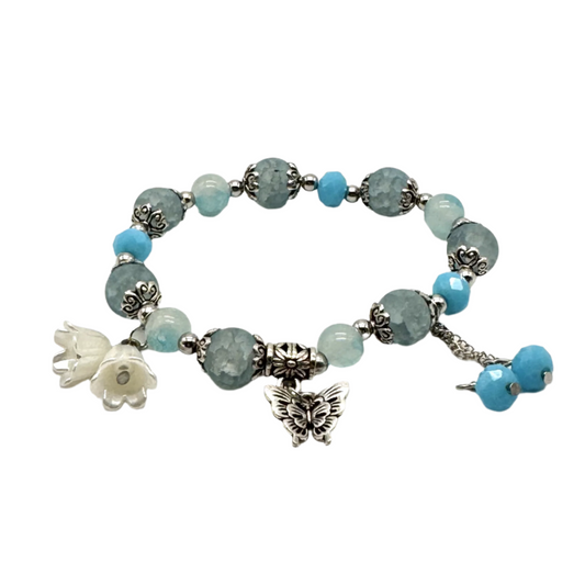 Teal Beaded Stretch Bracelet with Silver Spacers & Butterfly Charm