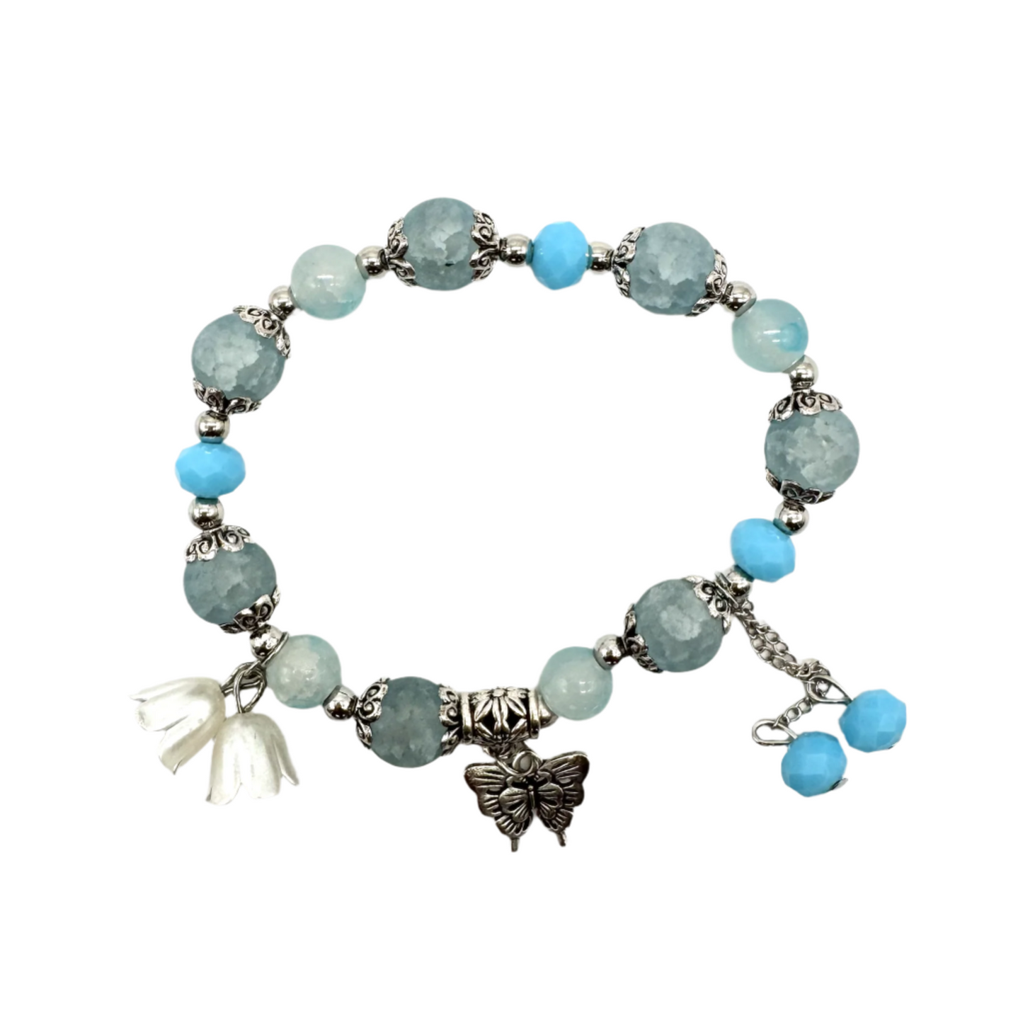 Teal Beaded Stretch Bracelet with Silver Spacers & Butterfly Charm