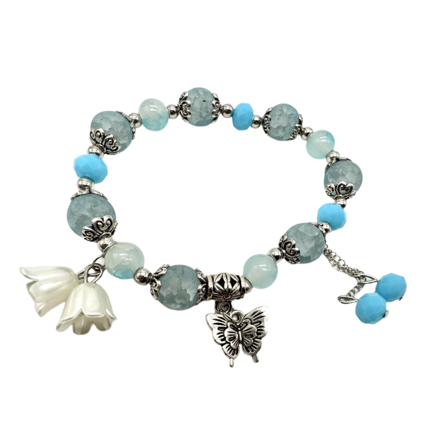 Teal Beaded Stretch Bracelet with Silver Spacers & Butterfly Charm