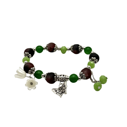 Green & Maroon Beaded Stretch Bracelet With Silver Spacers & Butterfly Charm