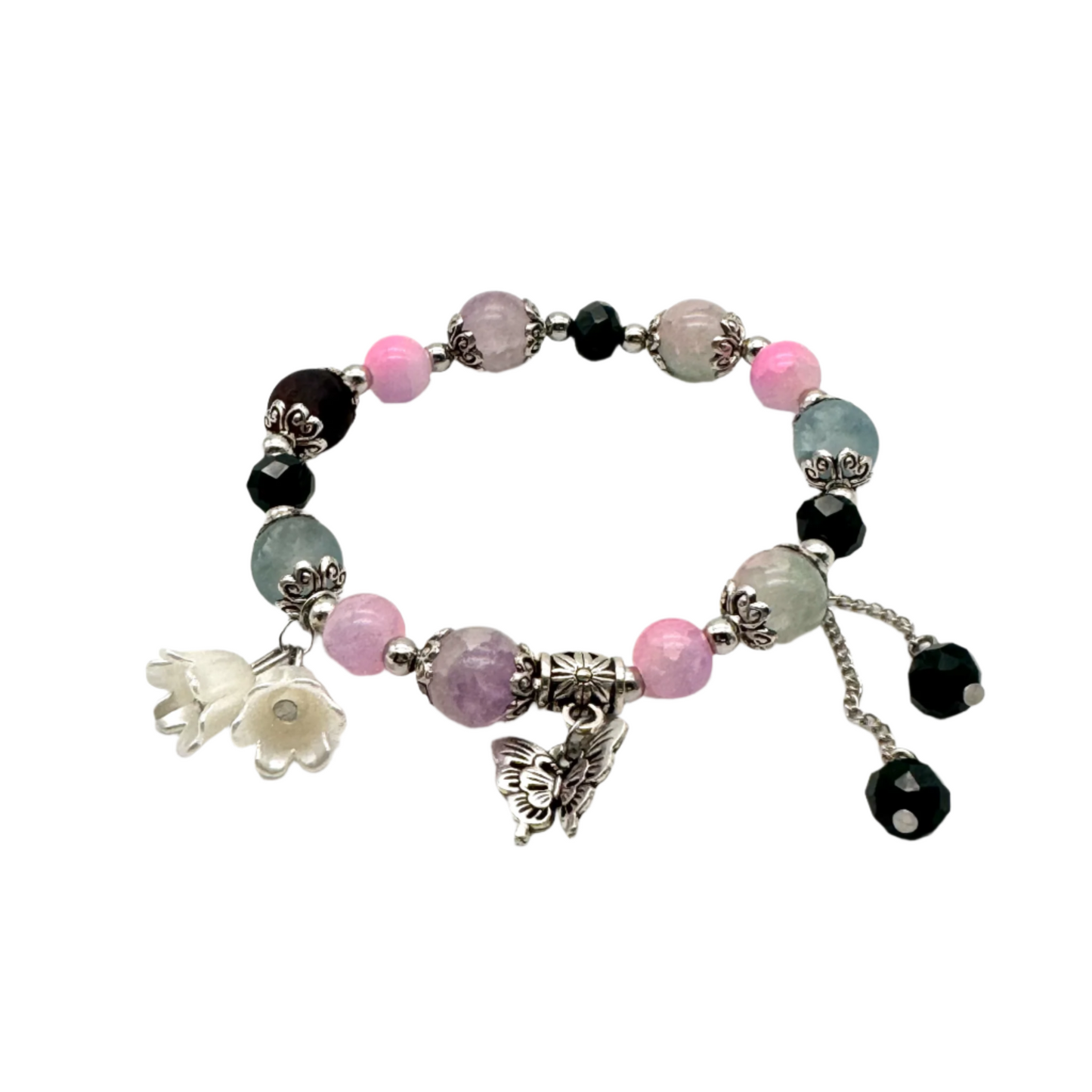 Pink & Black Beaded Stretch Bracelet with Silver Spacers & Butterfly Charm