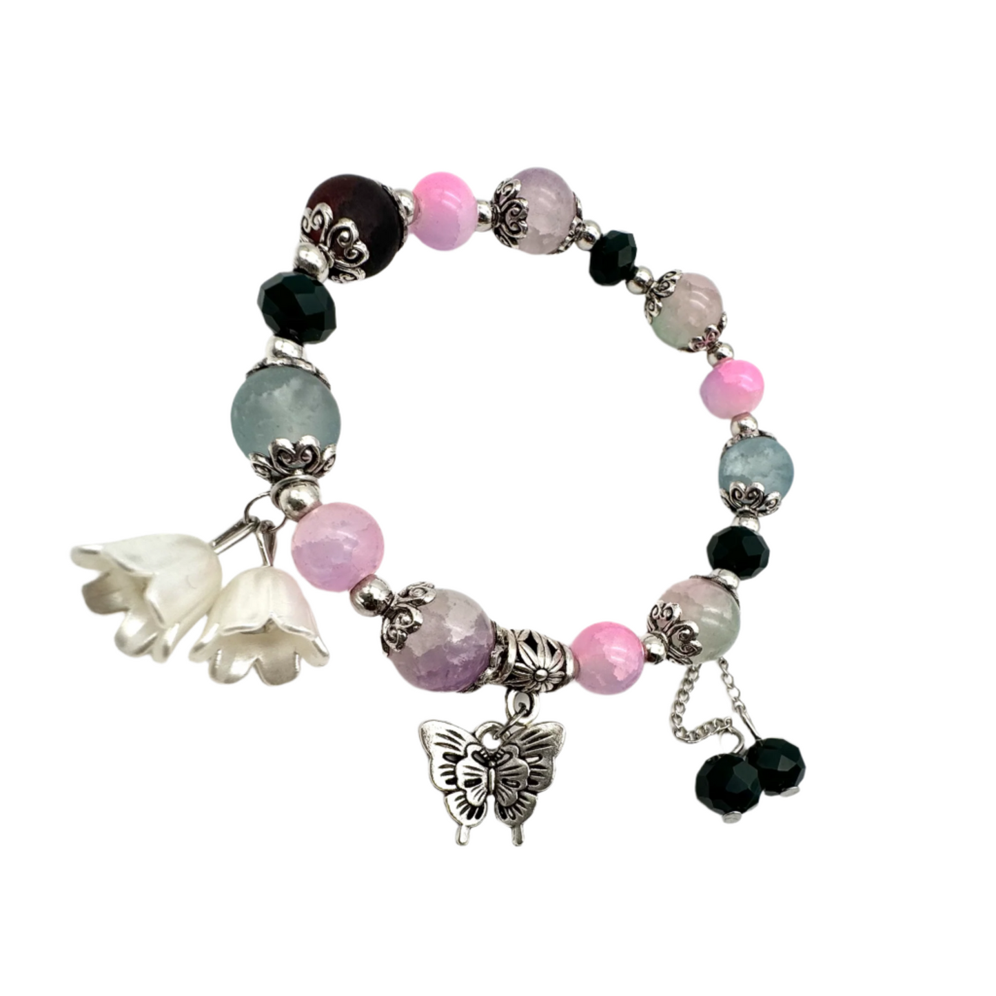 Pink & Black Beaded Stretch Bracelet with Silver Spacers & Butterfly Charm