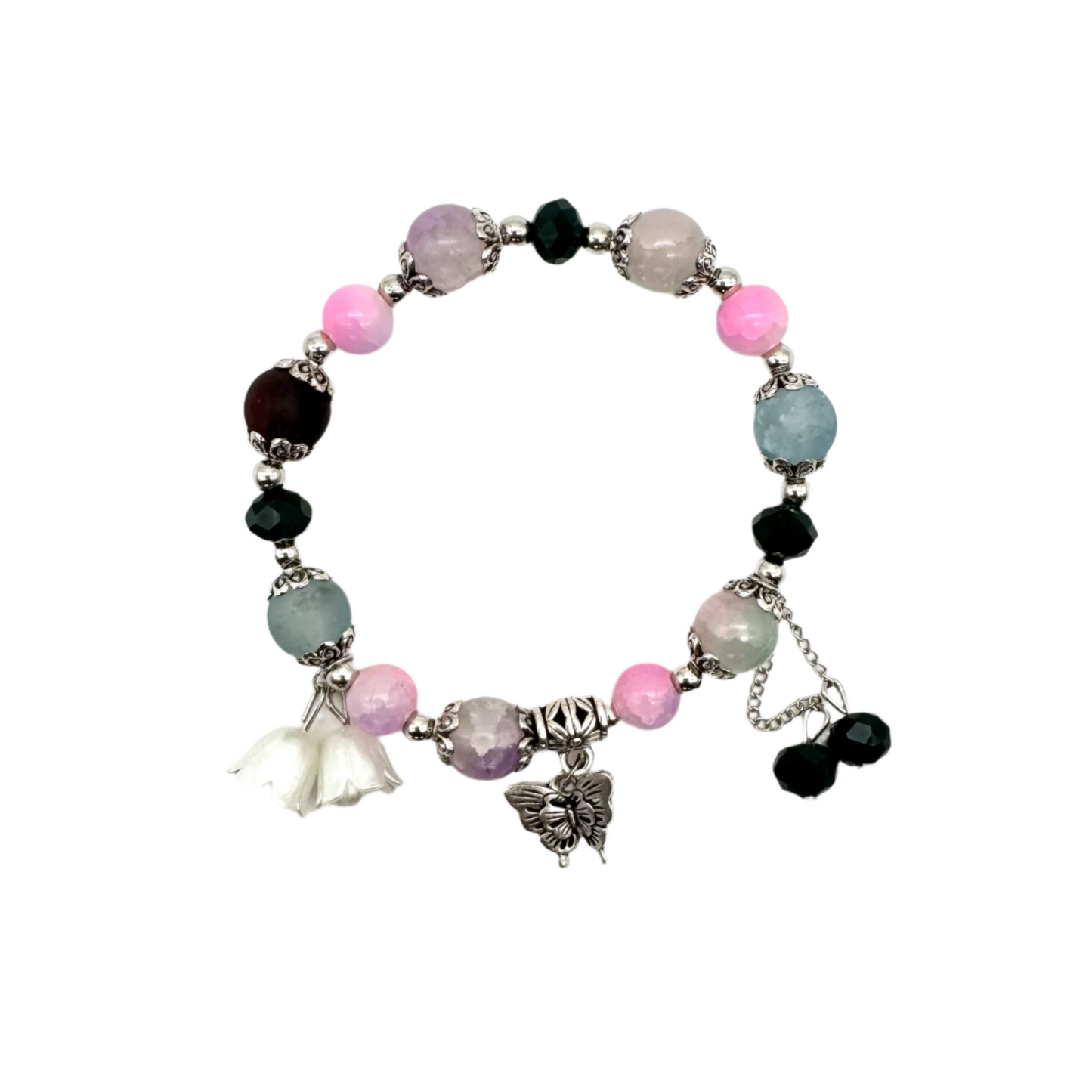 Pink & Black Beaded Stretch Bracelet with Silver Spacers & Butterfly Charm