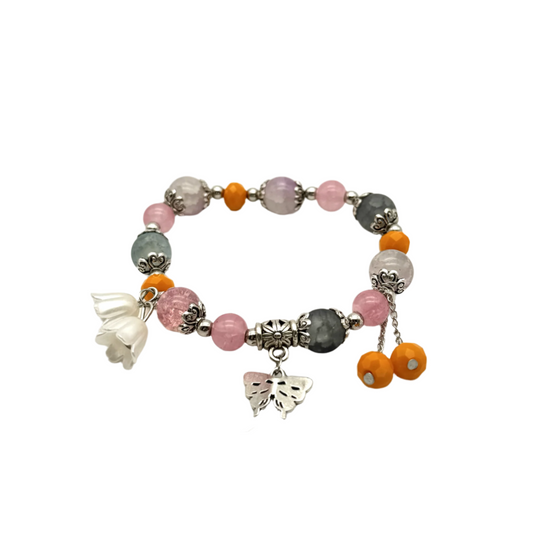 Grey, Pink & Orange Beaded Stretch Bracelet With Silver Spacers & Butterfly Charm