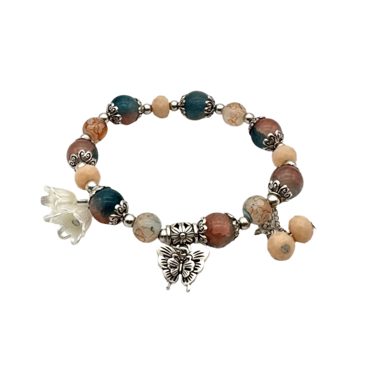 Rustic Beaded Stretch Bracelet With Silver Spacers & Butterfly Charm