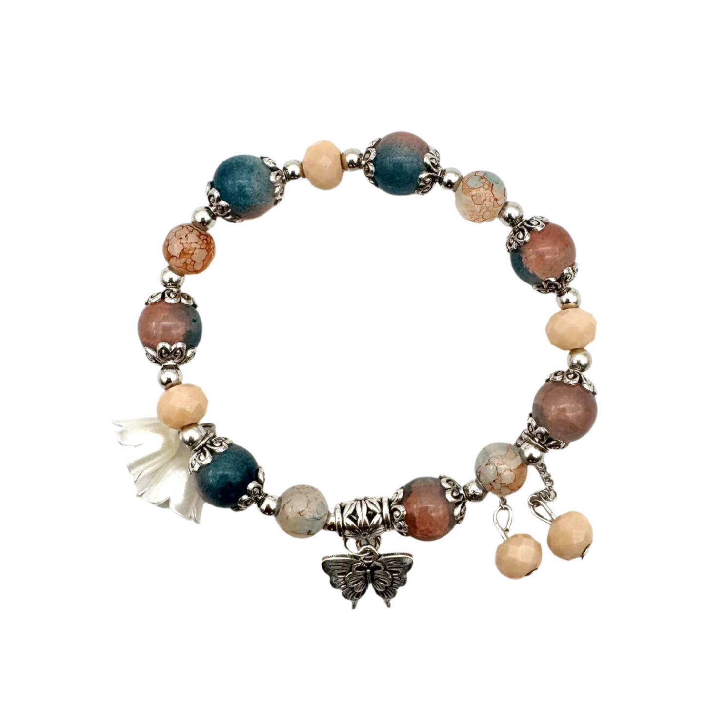 Rustic Beaded Stretch Bracelet With Silver Spacers & Butterfly Charm