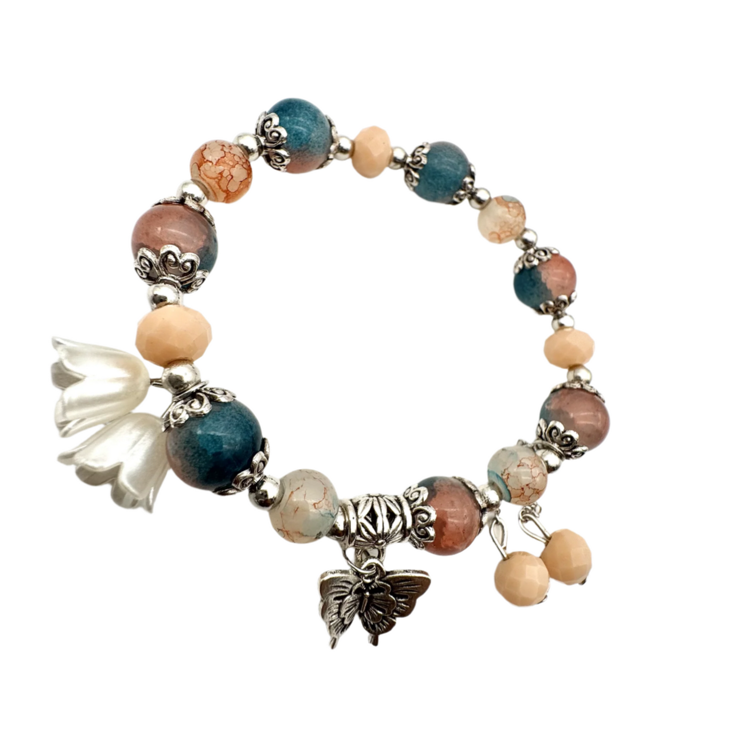 Rustic Beaded Stretch Bracelet With Silver Spacers & Butterfly Charm