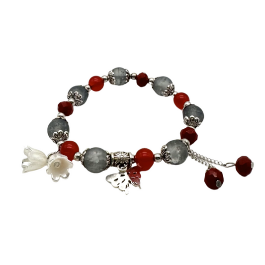 Red & Grey Beaded Stretch Bracelet with Silver Spacers & Butterfly Charm