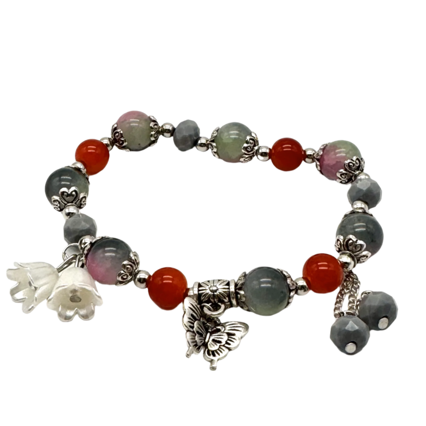 Pink, Grey & Red Beaded Stretch Bracelet with Silver Spacers & Butterfly Charm