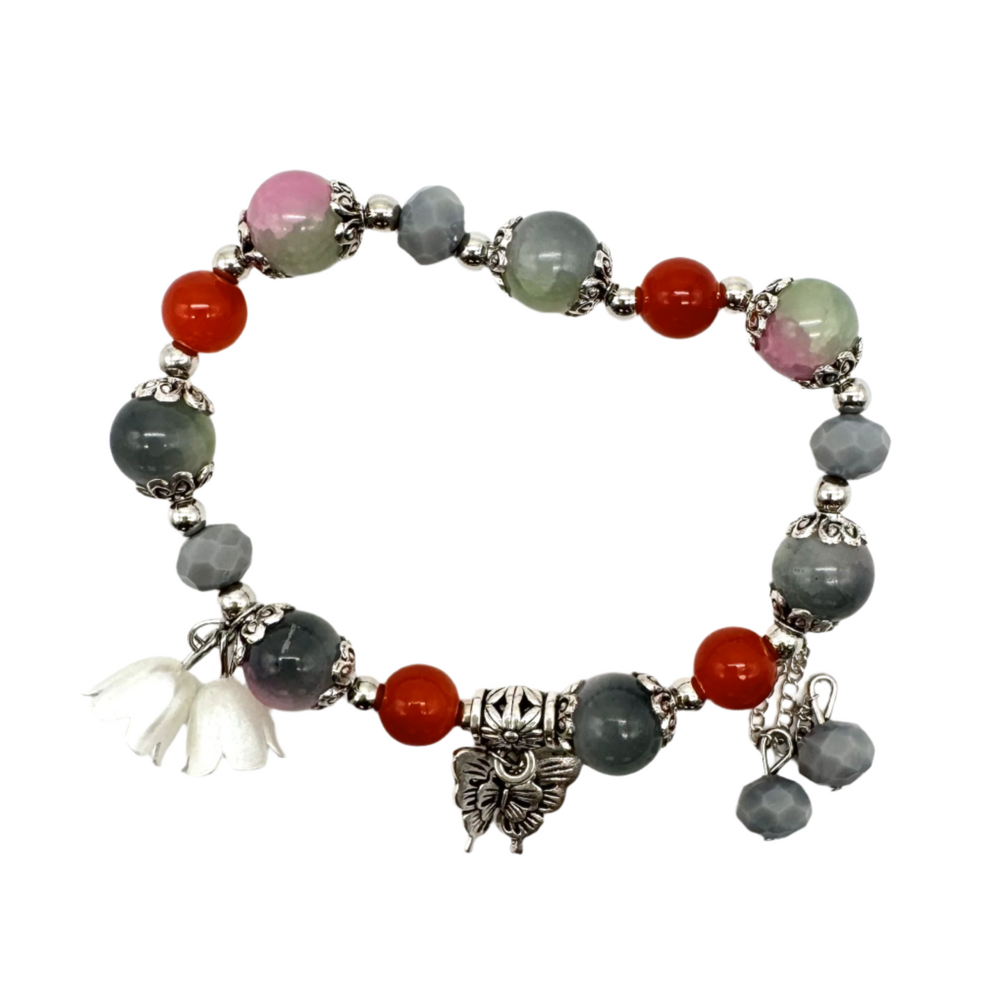 Pink, Grey & Red Beaded Stretch Bracelet with Silver Spacers & Butterfly Charm