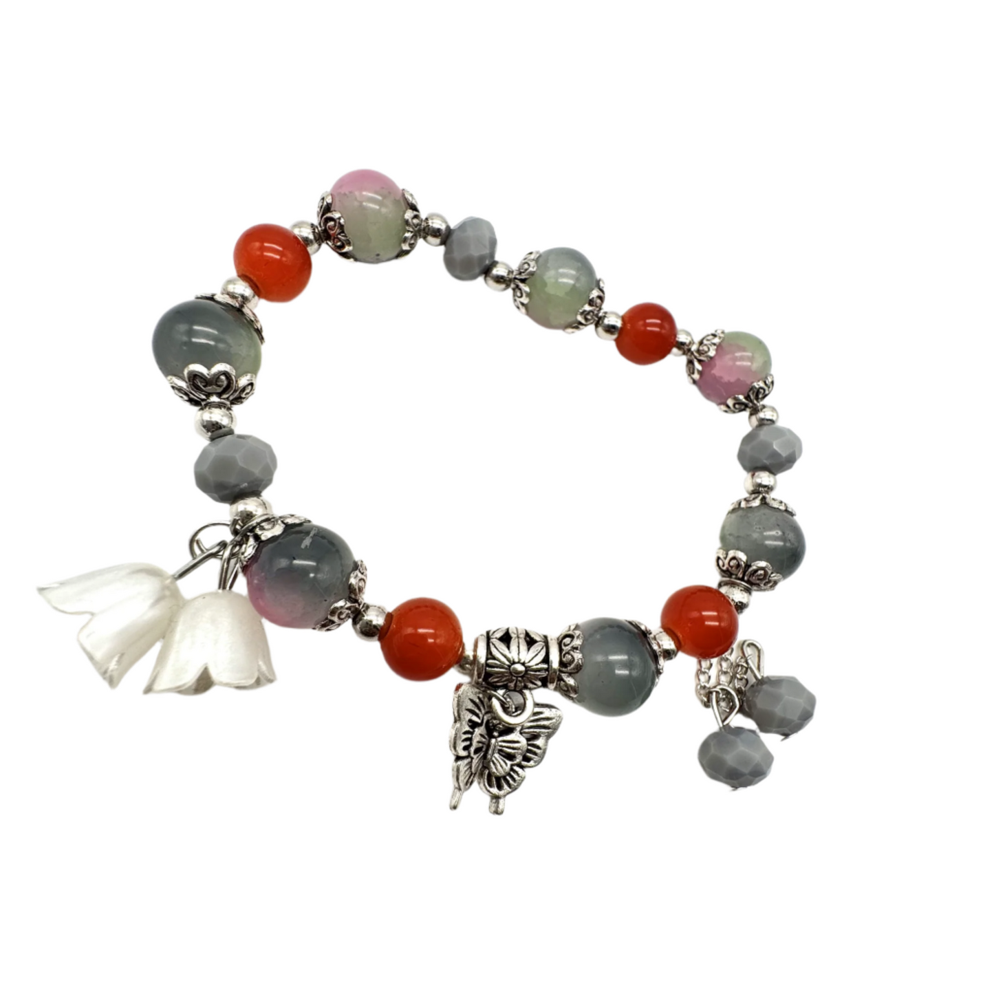 Pink, Grey & Red Beaded Stretch Bracelet with Silver Spacers & Butterfly Charm