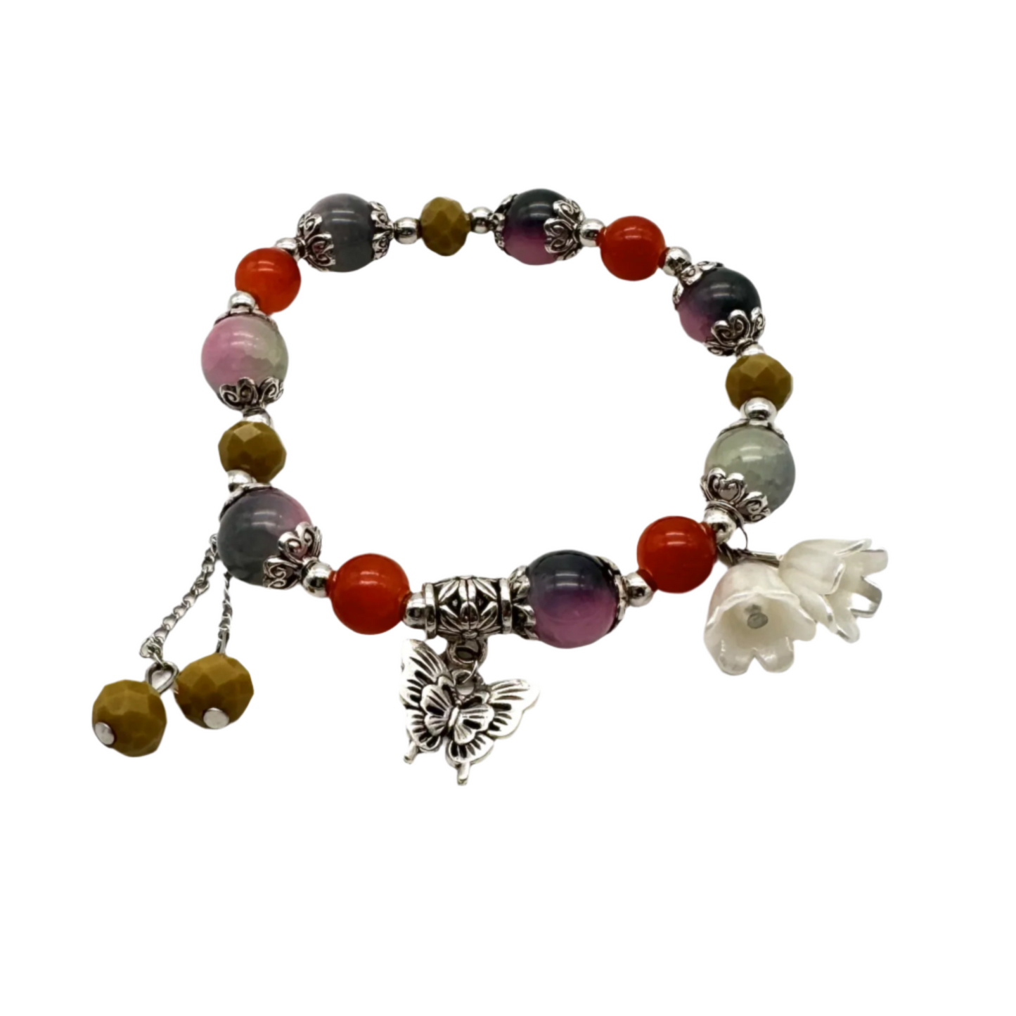 Yellow, Grey & Red Beaded Stretch Bracelet with Silver Spacers & Butterfly Charm