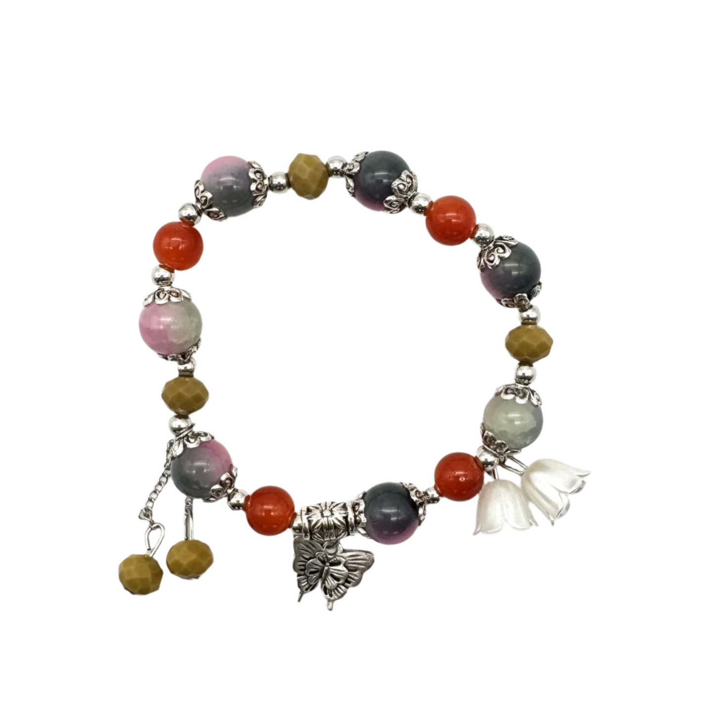 Yellow, Grey & Red Beaded Stretch Bracelet with Silver Spacers & Butterfly Charm