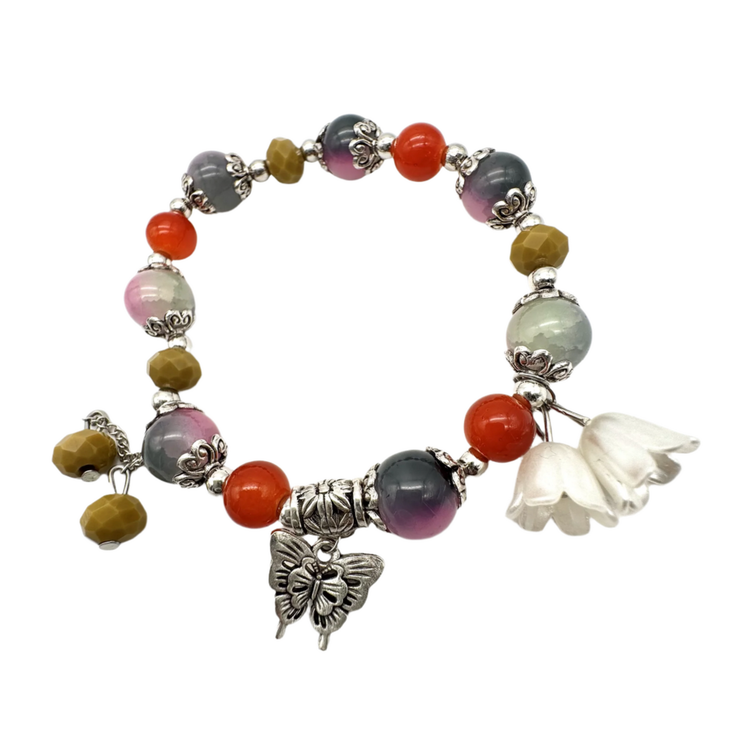 Yellow, Grey & Red Beaded Stretch Bracelet with Silver Spacers & Butterfly Charm