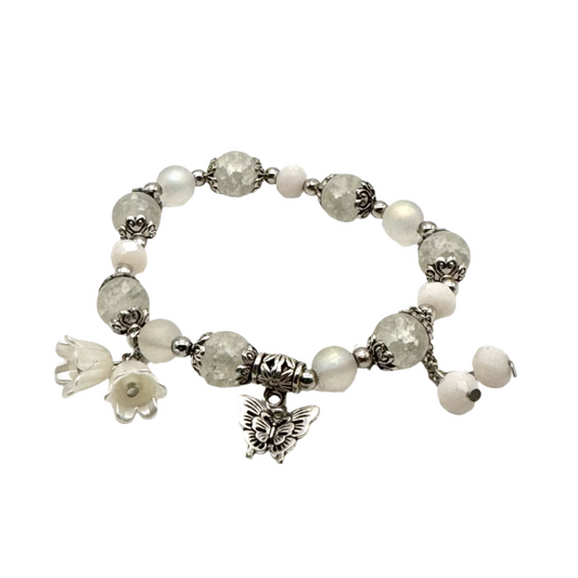 White Beaded Stretch Bracelet with Silver Spacers & Butterfly Charm