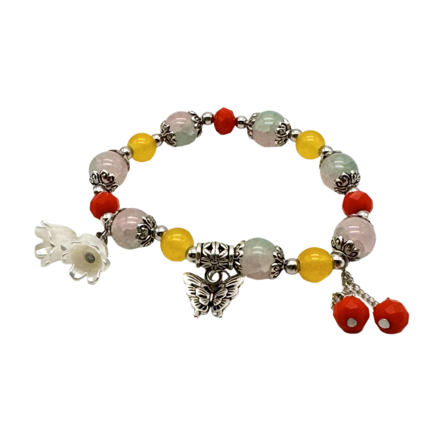 Yellow & Grey Beaded Stretch Bracelet with Silver Spacers & Butterfly Charm