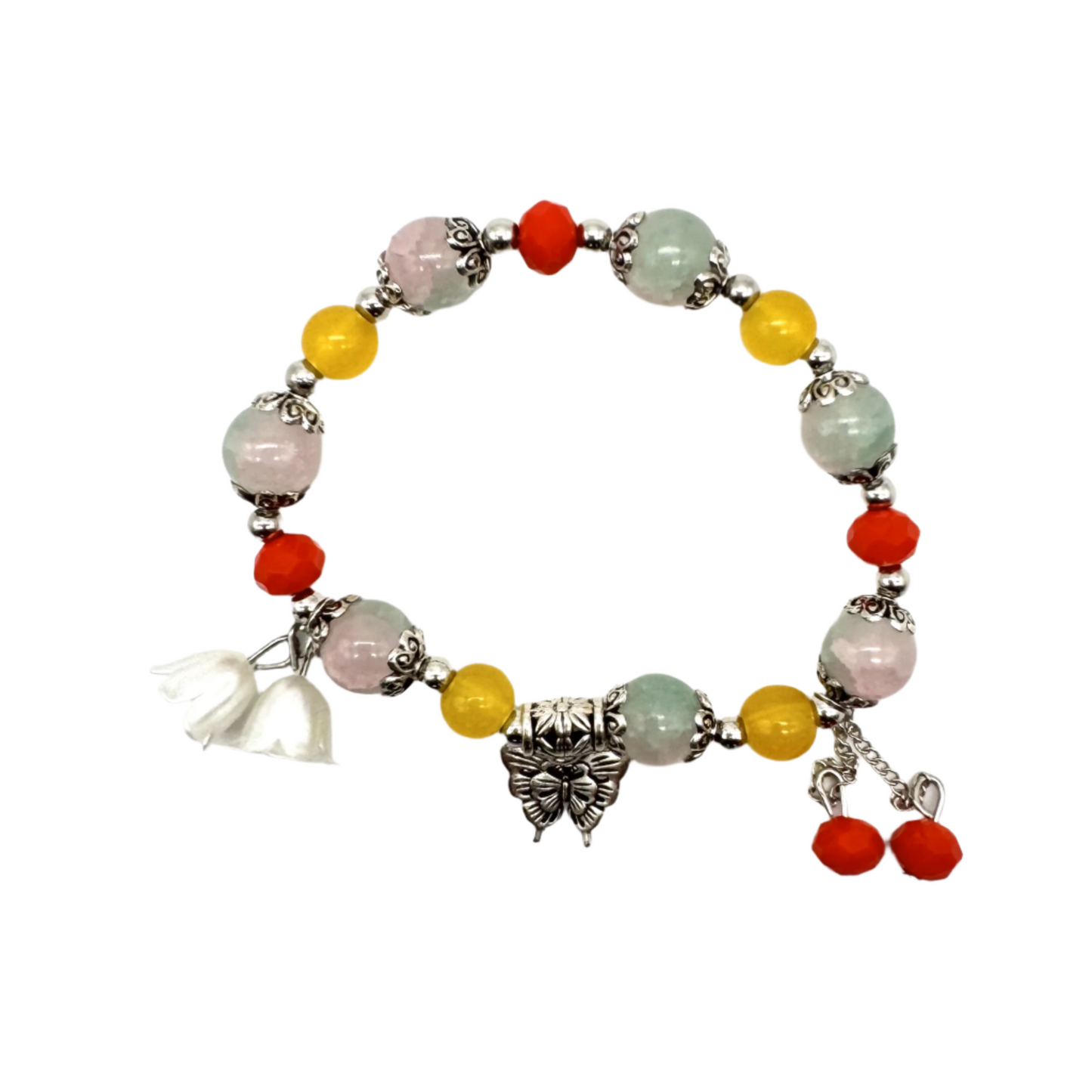 Yellow & Grey Beaded Stretch Bracelet with Silver Spacers & Butterfly Charm