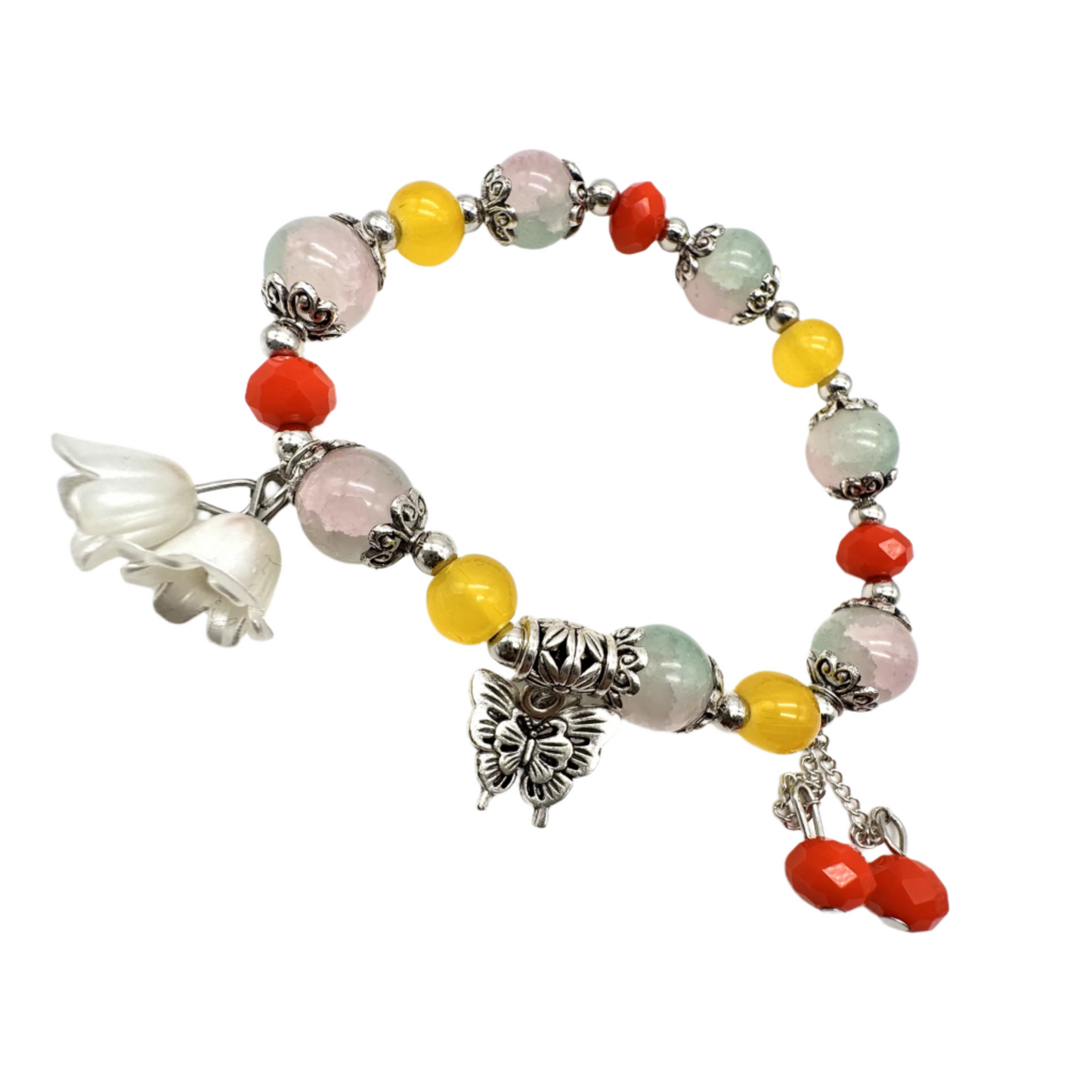 Yellow & Grey Beaded Stretch Bracelet with Silver Spacers & Butterfly Charm