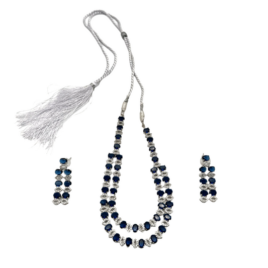 Silver Necklace & Earring Set With Navy Blue Stones