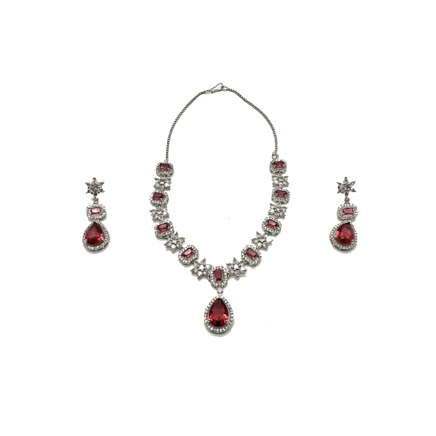 Short Silver Necklace & Earring Set with Teardrop Design Stones